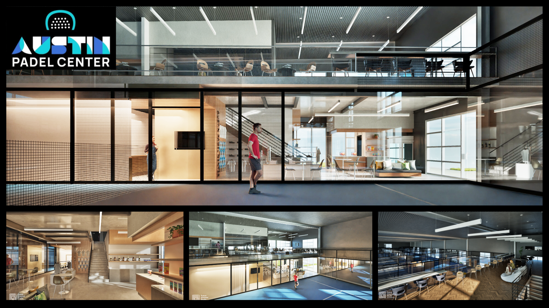 Rendering of Austin Padel Center indoor courts and lounge at Sheldon Cove, designed by Metis Capital.