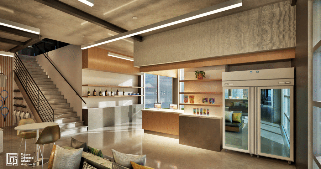 Lobby view of Austin Padel Center with lounge seating, staircase, and pro shop display.