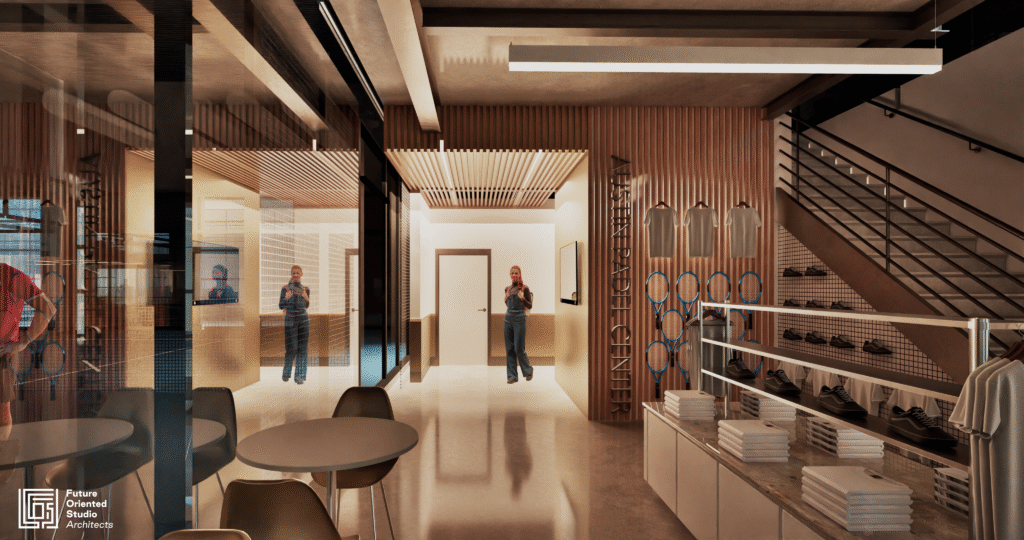 Austin Padel Center pro shop interior with apparel, gear, and warm lighting.