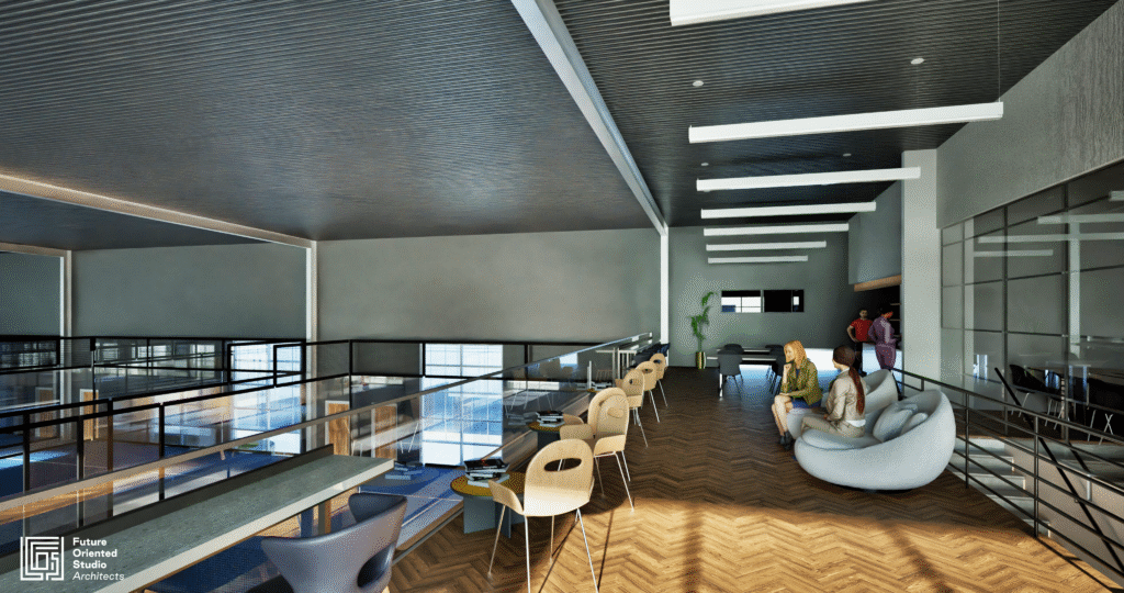 Lounge seating at Austin Padel Center mezzanine with modern chairs and wood flooring.