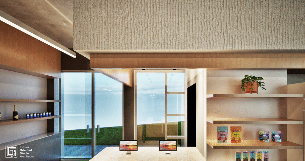 Front counter and shelving detail inside Austin Padel Center with natural textures and modern finishes.