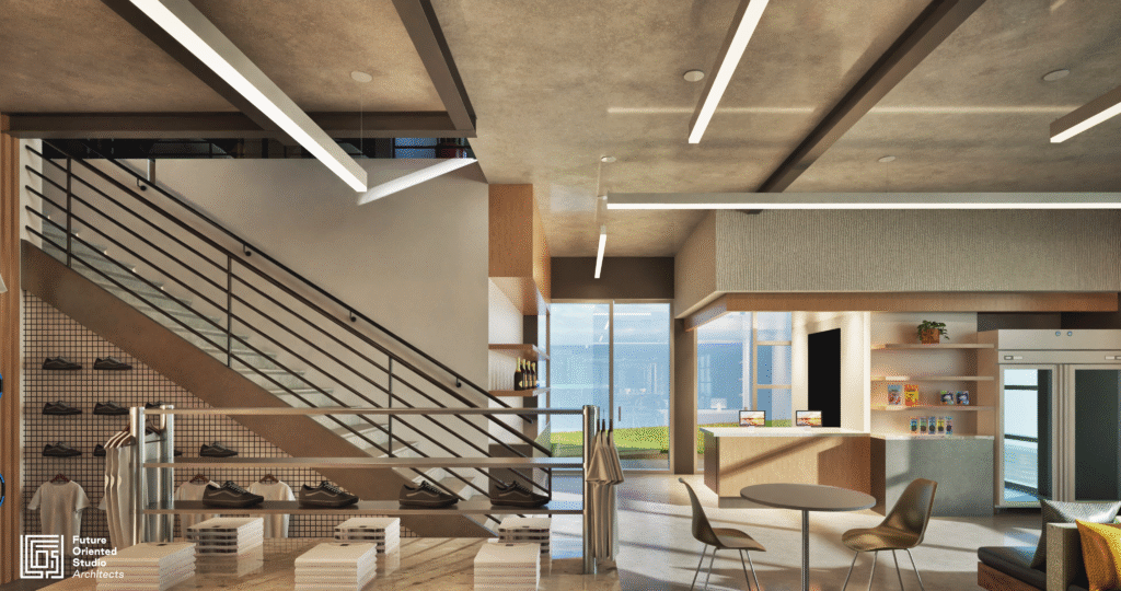 Lobby of Austin Padel Center showing pro shop displays and staircase to mezzanine.