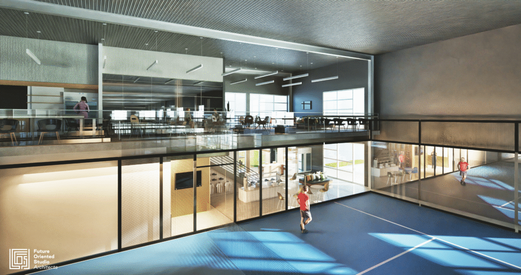 Indoor padel court at Austin Padel Center with mezzanine lounge above.