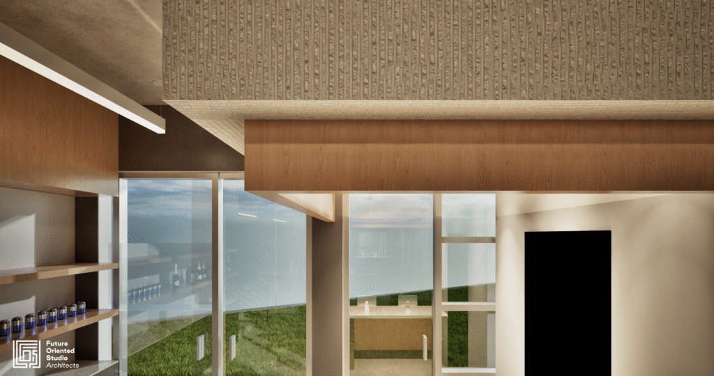 Interior ceiling and reception area with textured wall design at Austin Padel Center.